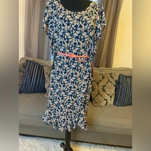 MaxStudio 1X ruffle sleeve midi dress with ruffle details.